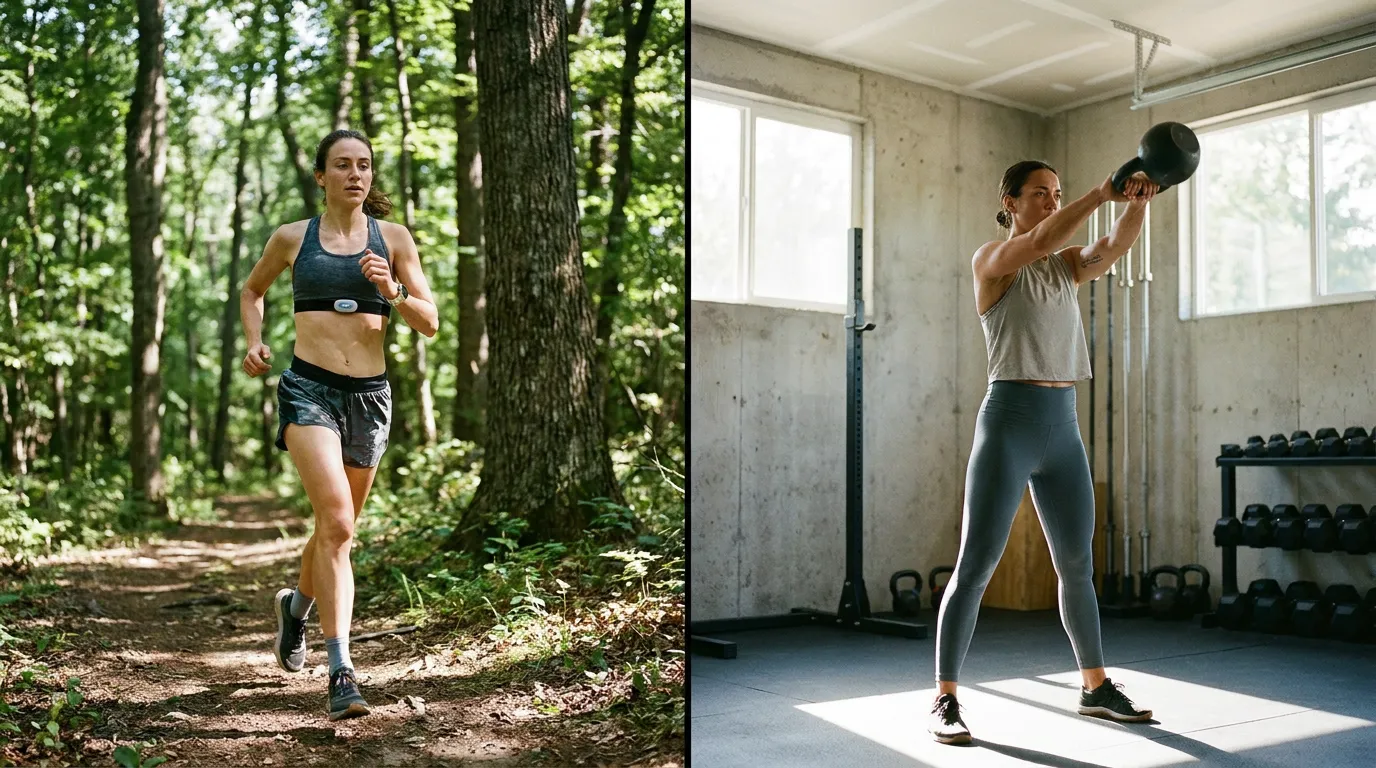 Side-by-side HIIT vs. Steady-State Cardio comparison fir trail running and high-intensity kettlebell intervals, illustrating the two primary cardio modalities for fat loss