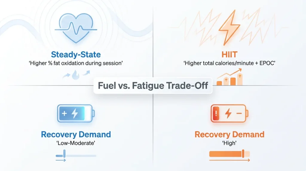 Comparative infographic showing fat oxidation rates, total calorie burn, EPOC effect, and recovery demands for steady-state cardio versus HIIT training