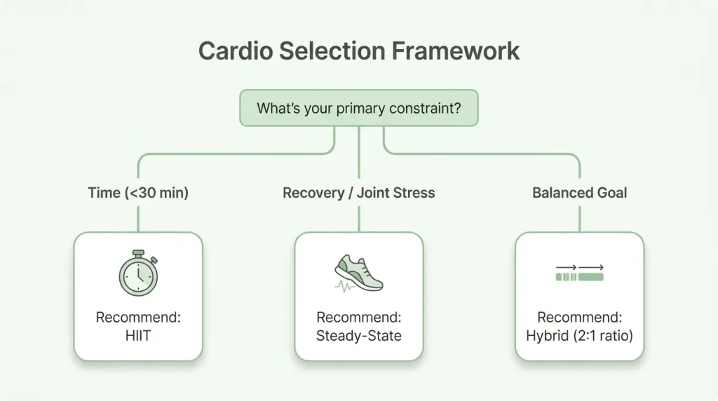 Decision flowchart for choosing between HIIT and steady-state cardio based on time availability, recovery capacity, and training goals