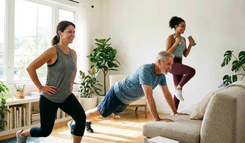 Beginners performing scalable HIIT movements at home, demonstrating that high-intensity interval training can be adapted to any fitness level