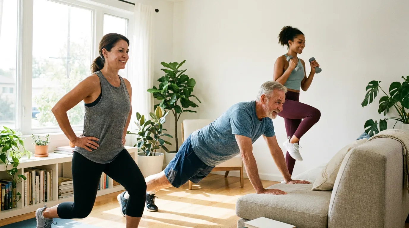 Beginners performing scalable HIIT movements at home, demonstrating that high-intensity interval training can be adapted to any fitness level