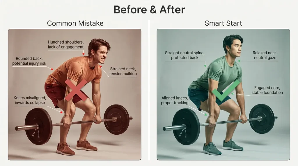 Comparison of poor form versus controlled form during HIIT, emphasizing the importance of technique over maximal effort for beginners