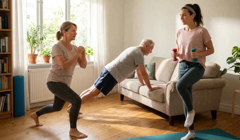 Beginners performing scalable HIIT movements at home, demonstrating that high-intensity interval training can be adapted to any fitness level
