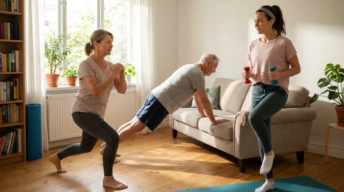 Beginners performing scalable HIIT movements at home, demonstrating that high-intensity interval training can be adapted to any fitness level