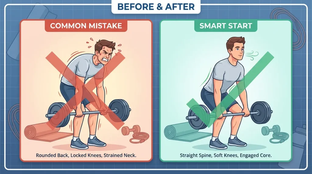 Comparison of poor form versus controlled form during HIIT, emphasizing the importance of technique over maximal effort for beginners