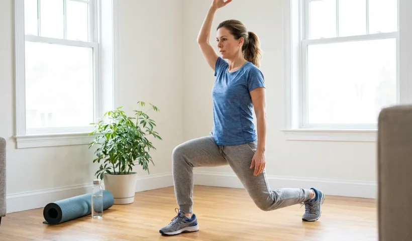 Adult performing low-impact HIIT movement at home, demonstrating joint-friendly high-intensity training with controlled form and supportive equipment