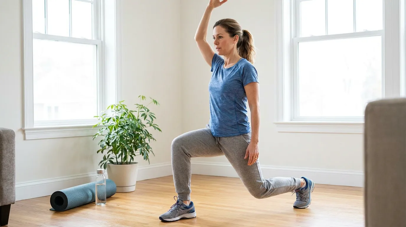 Adult performing low-impact HIIT movement at home, demonstrating joint-friendly high-intensity training with controlled form and supportive equipment
