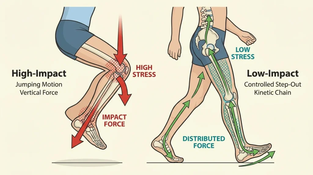 Biomechanical comparison of force distribution in high-impact versus low-impact movements, illustrating reduced joint stress with controlled, grounded exercise patterns