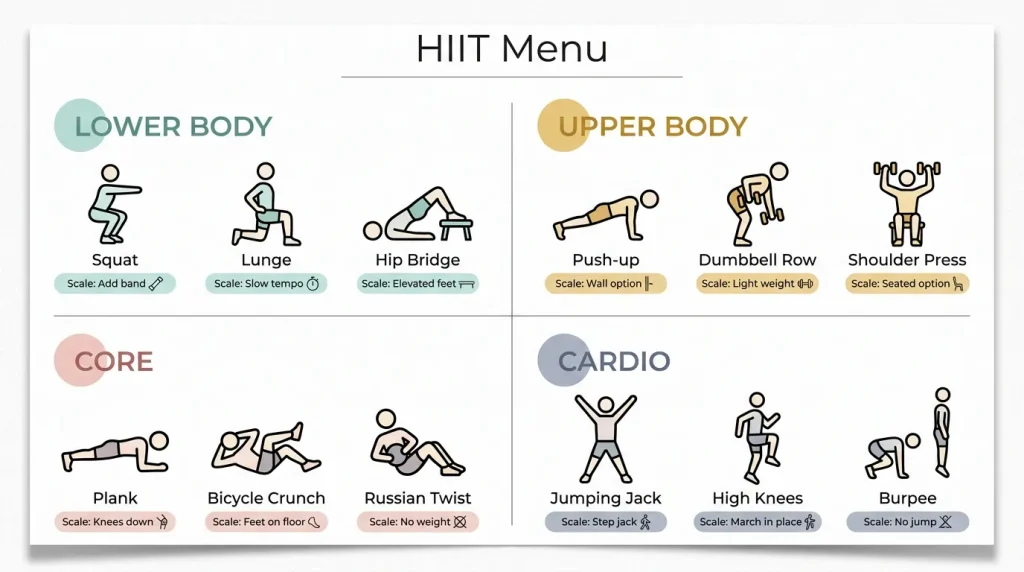Modular low-impact HIIT exercise menu showing scalable options for lower body, upper body, core, and cardio movements with joint-friendly modifications