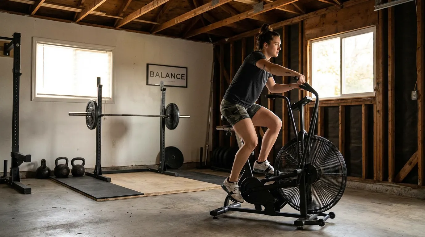 Strength athlete performing low-intensity cardio cooldown in a home gym, illustrating the integration of cardiovascular work with resistance training