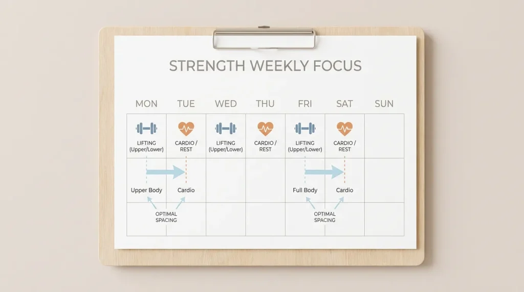 Weekly training calendar template illustrating optimal scheduling of strength and cardio sessions to minimize interference and maximize recovery