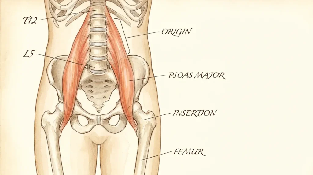Anatomical diagram of the psoas major muscle connecting the lumbar spine to the inner thigh bone
