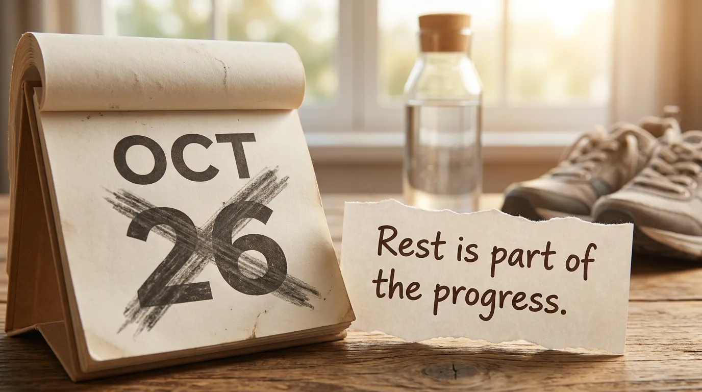 Open desk calendar showing a missed training day next to an encouraging note on recovery