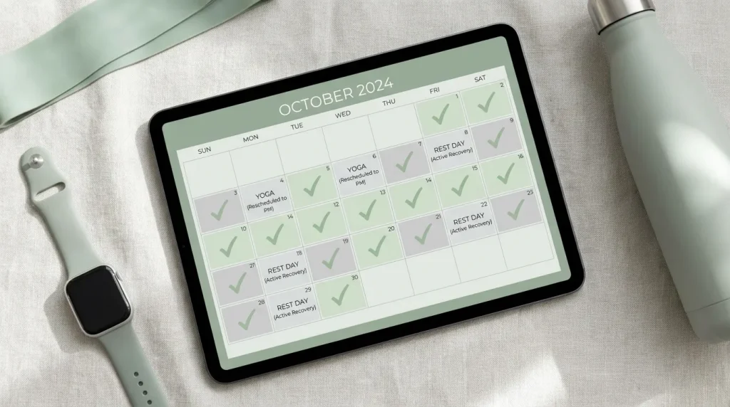 Visual progress calendar showing consistent habits with integrated rest days and flexible scheduling