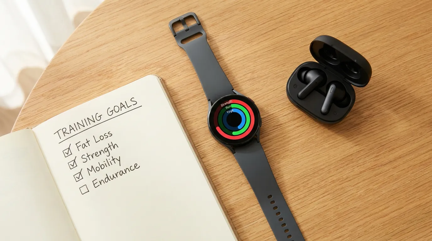 Smartwatch showing fitness activity rings next to an open workout planner on a wooden table, representing program selection