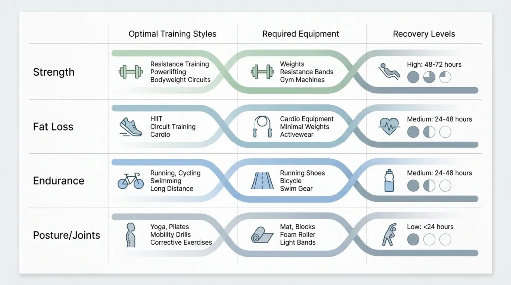 A clean decision grid mapping fitness goals to their optimal training styles and recovery demands