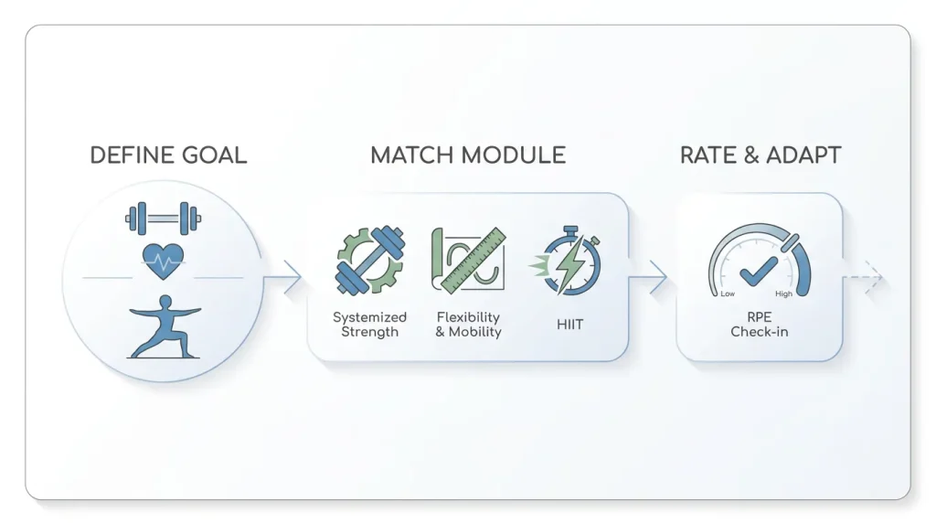 Visual guide showing the three steps of choosing and adapting a workout program within the FitSekai app