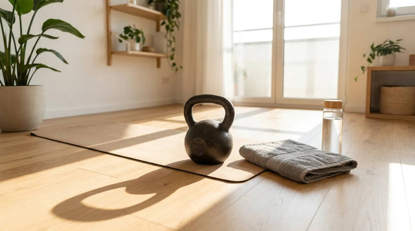 A classic cast-iron kettlebell resting on a yoga mat in a home workout space