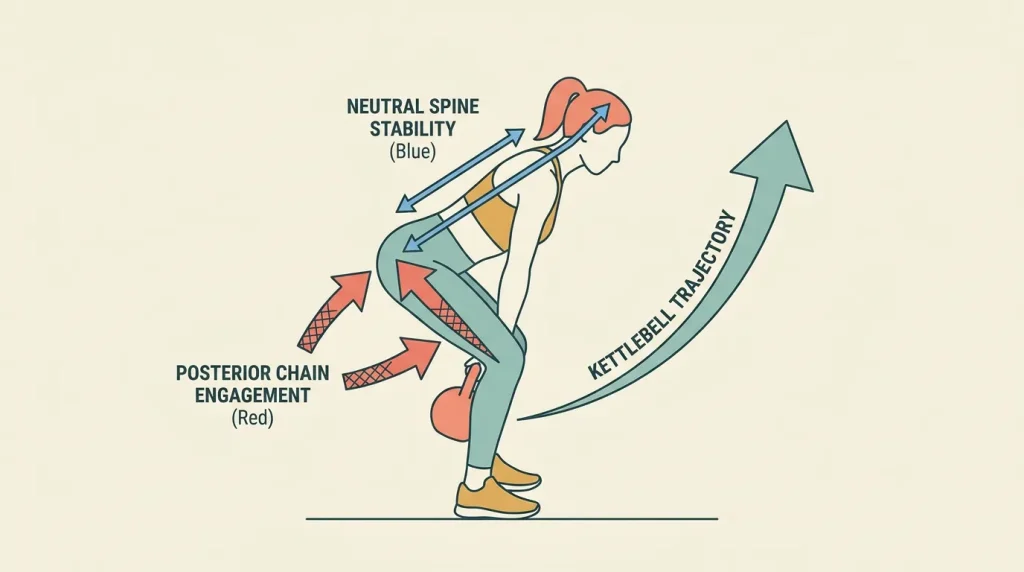 Biomechanical diagram of a kettlebell swing showing posterior chain engagement and proper spinal alignment