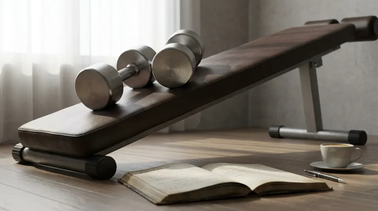 Dumbbells resting on a gym bench next to an open training log, representing the execution of structured rep ranges