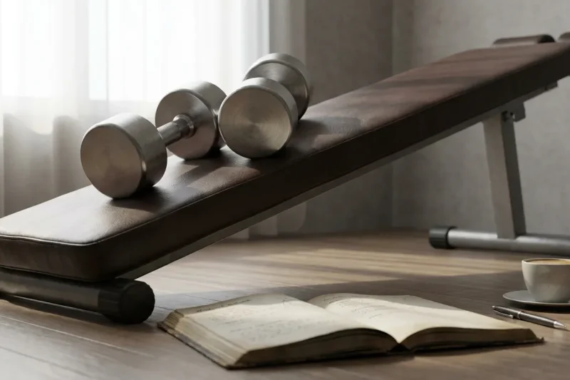 Dumbbells resting on a gym bench next to an open training log, representing the execution of structured rep ranges