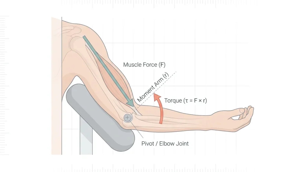 Biomechanical diagram showing joint angle and torque force vectors during a biceps curl