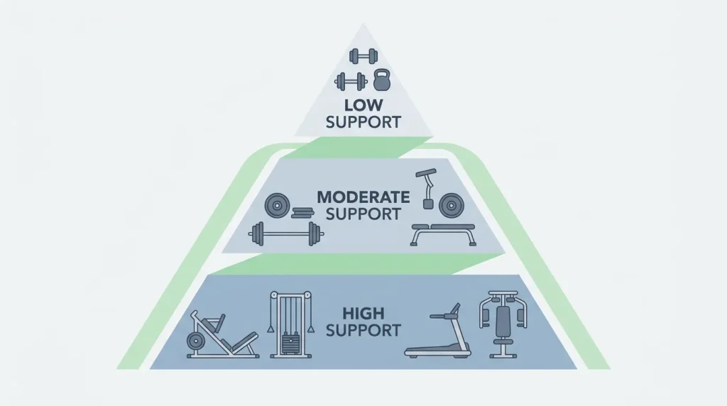 Infographic showing the hierarchy of support in weight training, from highly supported machines to low-support dumbbells