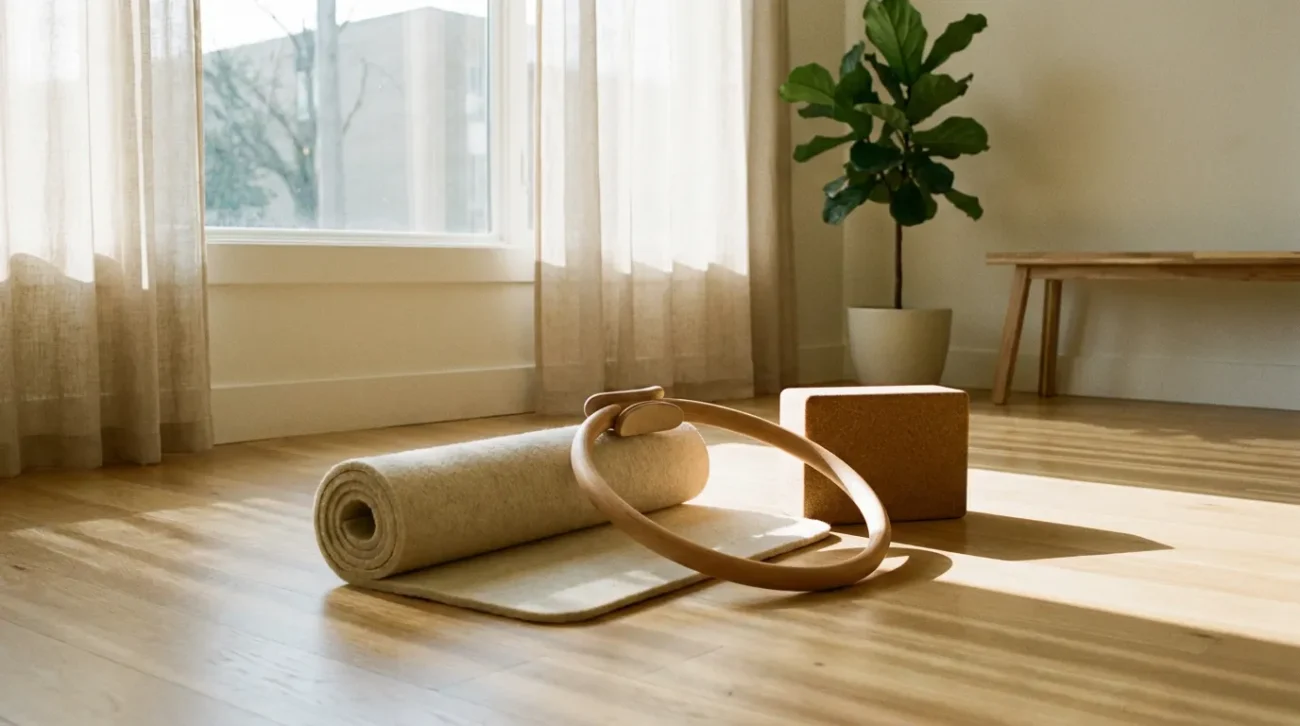 Minimally arranged yoga mat, Pilates ring, and block on a light-wood studio floor