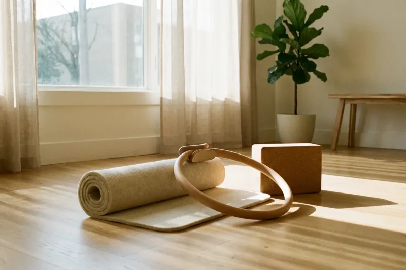 Minimally arranged yoga mat, Pilates ring, and block on a light-wood studio floor