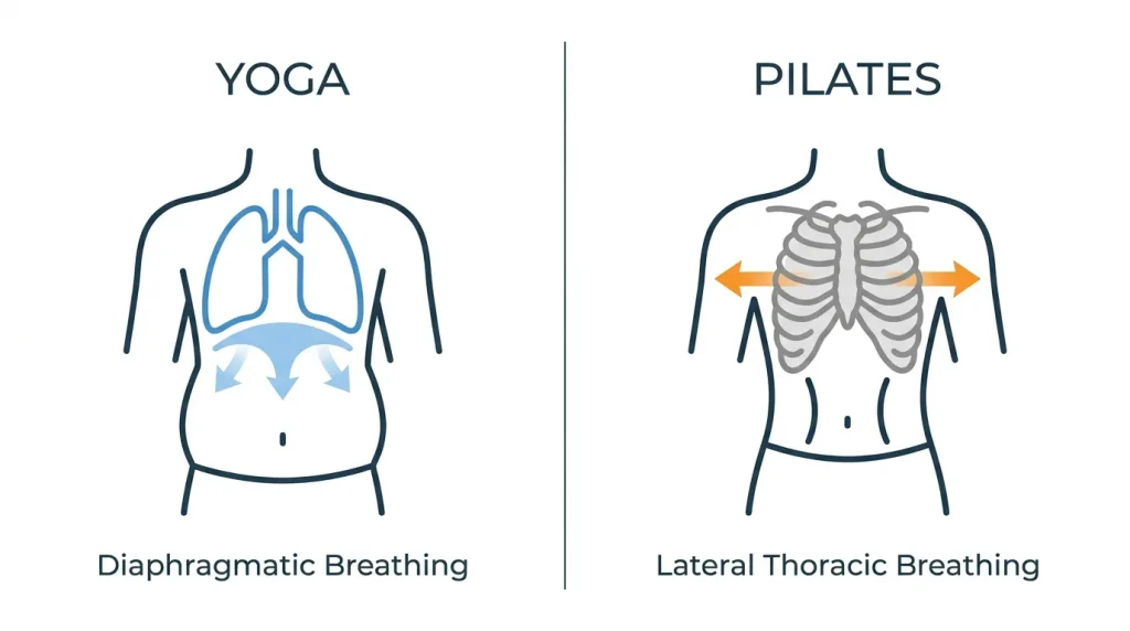 Infographic comparing diaphragmatic breathing in yoga with lateral thoracic breathing in Pilates