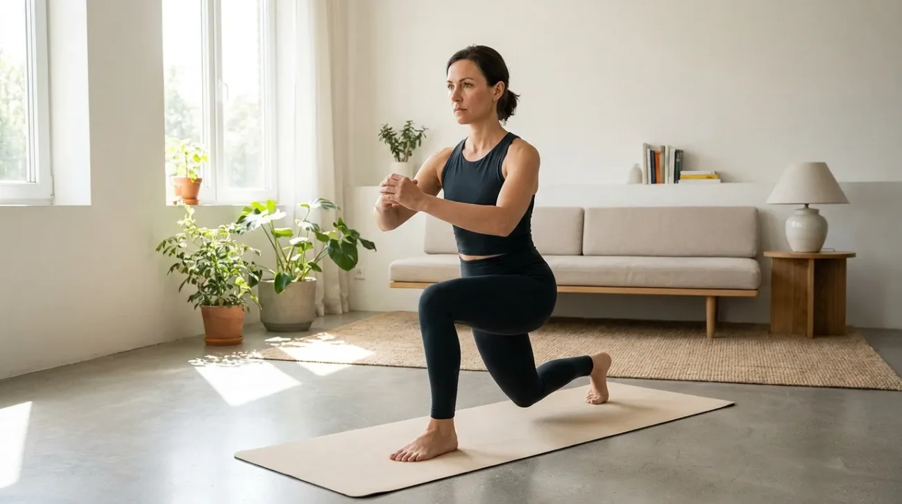Woman practicing controlled split squat on a yoga mat in her apartment living room, illustrating accessible home fitness