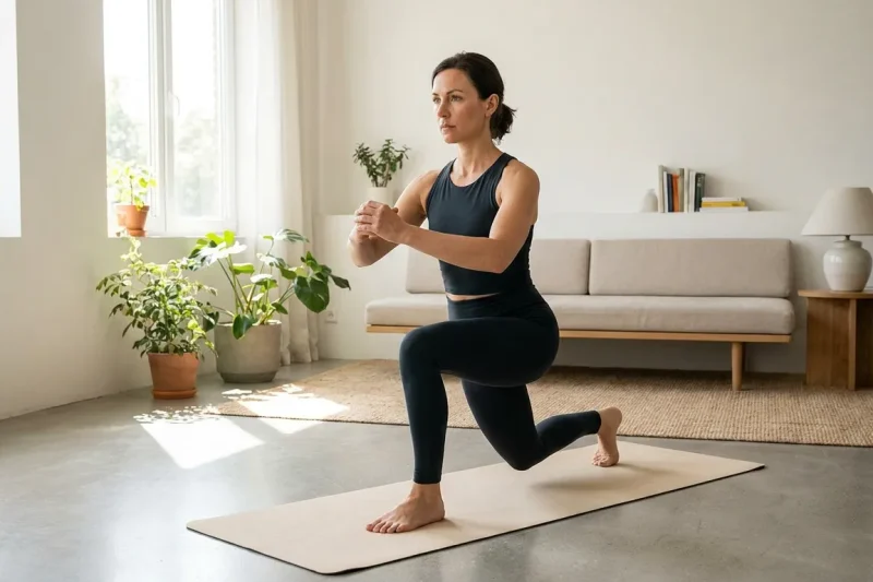 Woman practicing controlled split squat on a yoga mat in her apartment living room, illustrating accessible home fitness