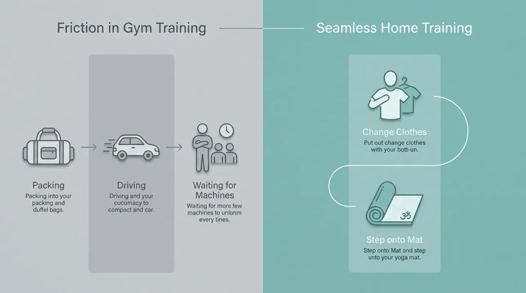 Infographic comparing behavioral friction in commercial gym training versus frictionless home training setups