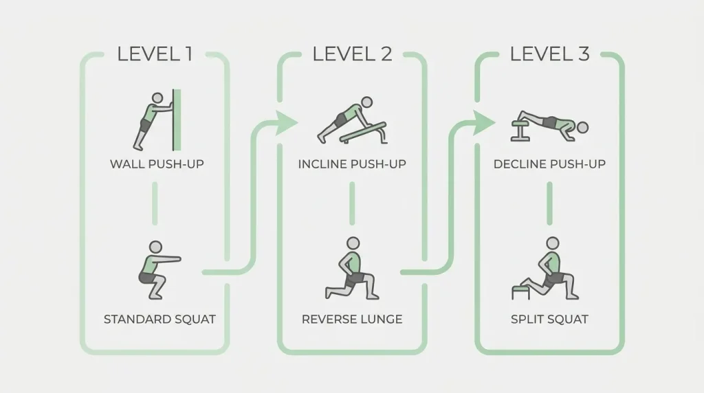 Infographic showing progressive home exercises from wall push-ups and squats to advanced decline push-ups and split squats