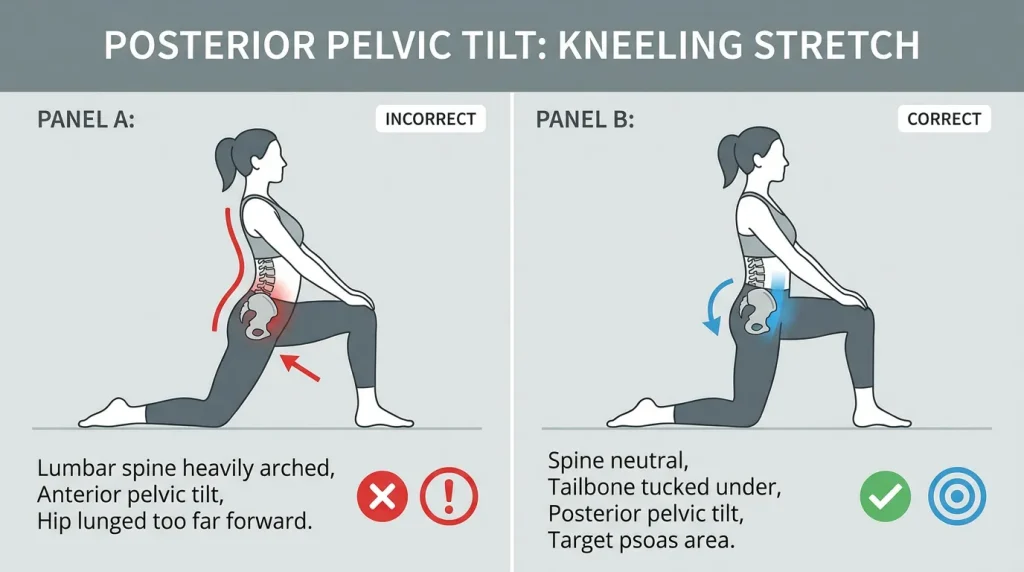 Anatomy diagram showing correct posterior pelvic tilt versus incorrect arched lower back during hip flexor stretching