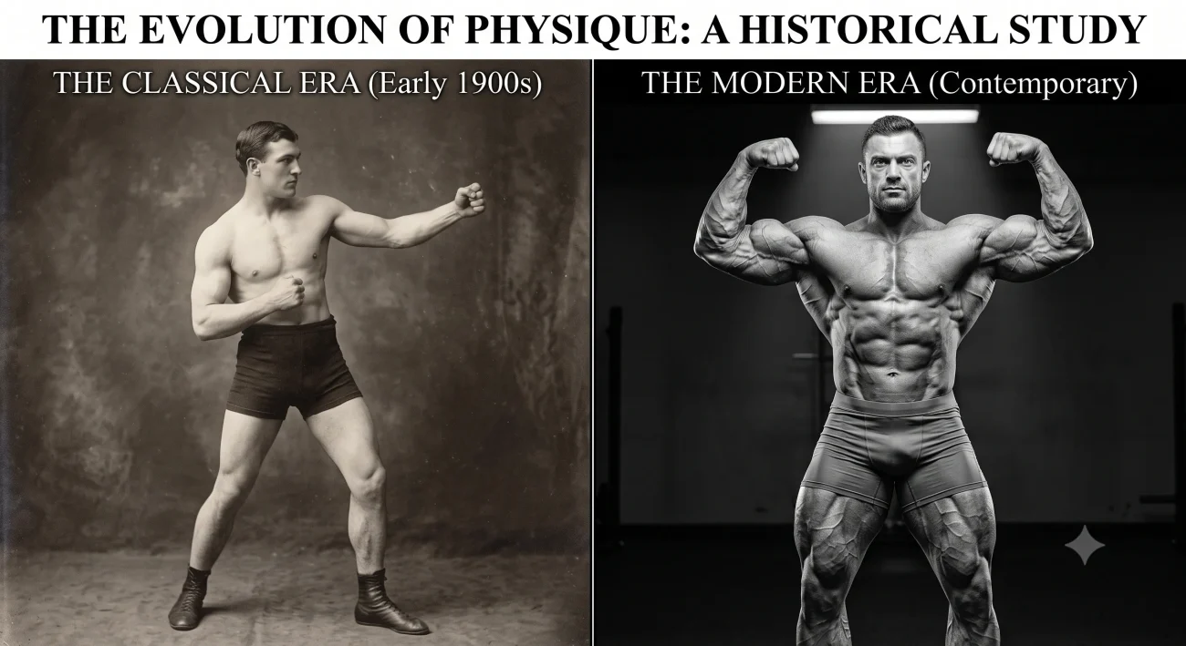 Split-screen visual showing the physical evolution from Bronze Era symmetry to Golden Era muscle mass