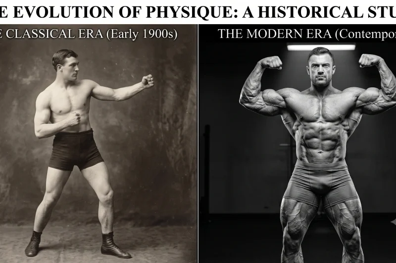 Split-screen visual showing the physical evolution from Bronze Era symmetry to Golden Era muscle mass