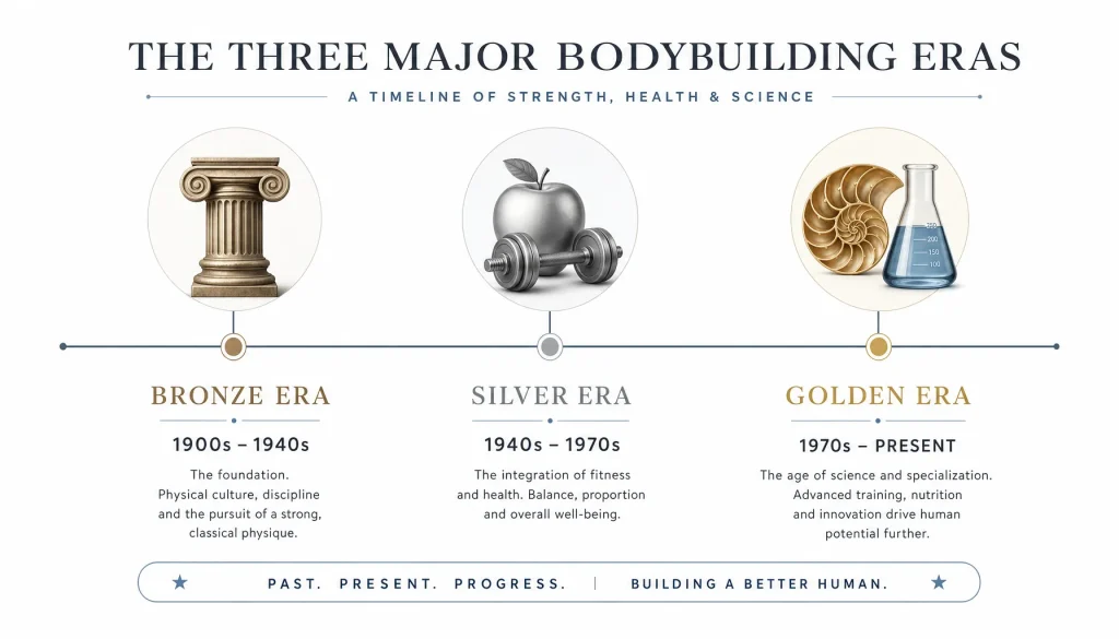 An infographic timeline showcasing the training focus and innovations of the Bronze, Silver, and Golden eras of bodybuilding