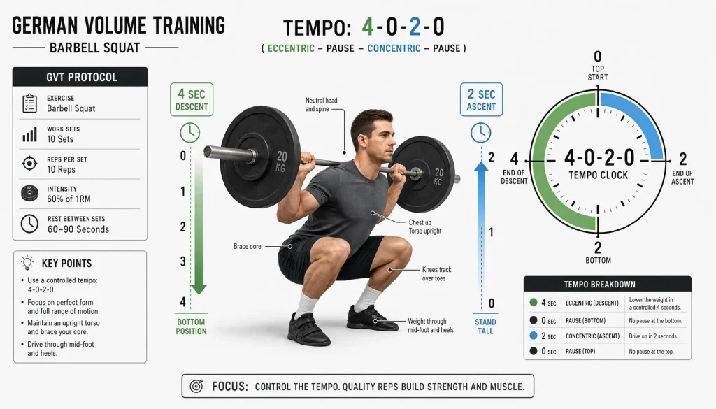 Instructional diagram of a barbell squat showing a 4-0-2-0 tempo execution for German Volume Training