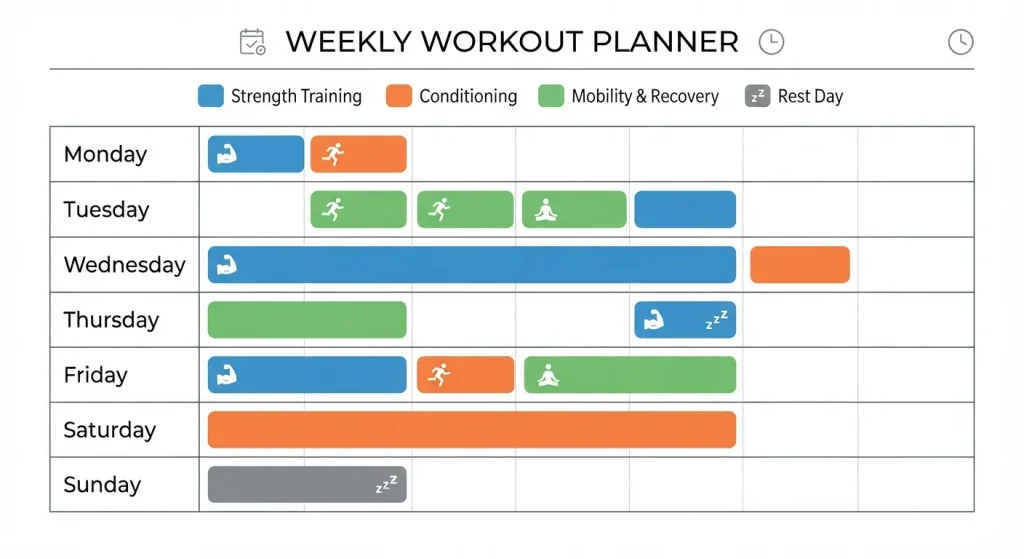 Weekly training calendar showing balanced distribution of strength, conditioning, and mobility days"
