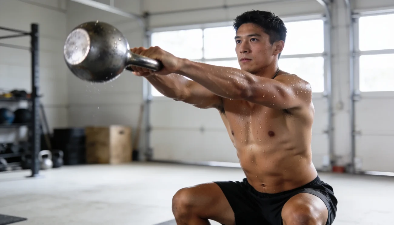 Athlete performing a kettlebell swing in a home gym, showing focused high-intensity interval training