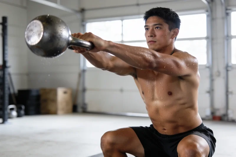 Athlete performing a kettlebell swing in a home gym, showing focused high-intensity interval training