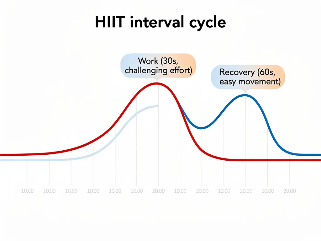 Visual timeline of a HIIT interval cycle showing work and recovery phases with corresponding effort levels