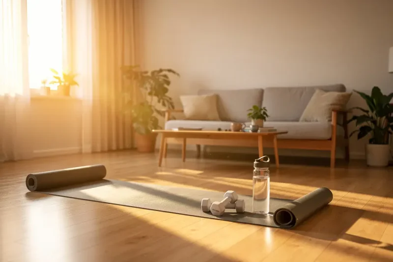 Restorative weeknight home gym setup in a cozy living room with soft evening lighting