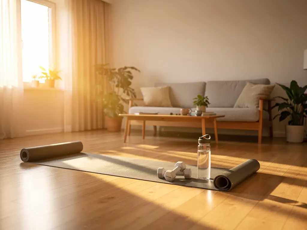 Restorative weeknight home gym setup in a cozy living room with soft evening lighting