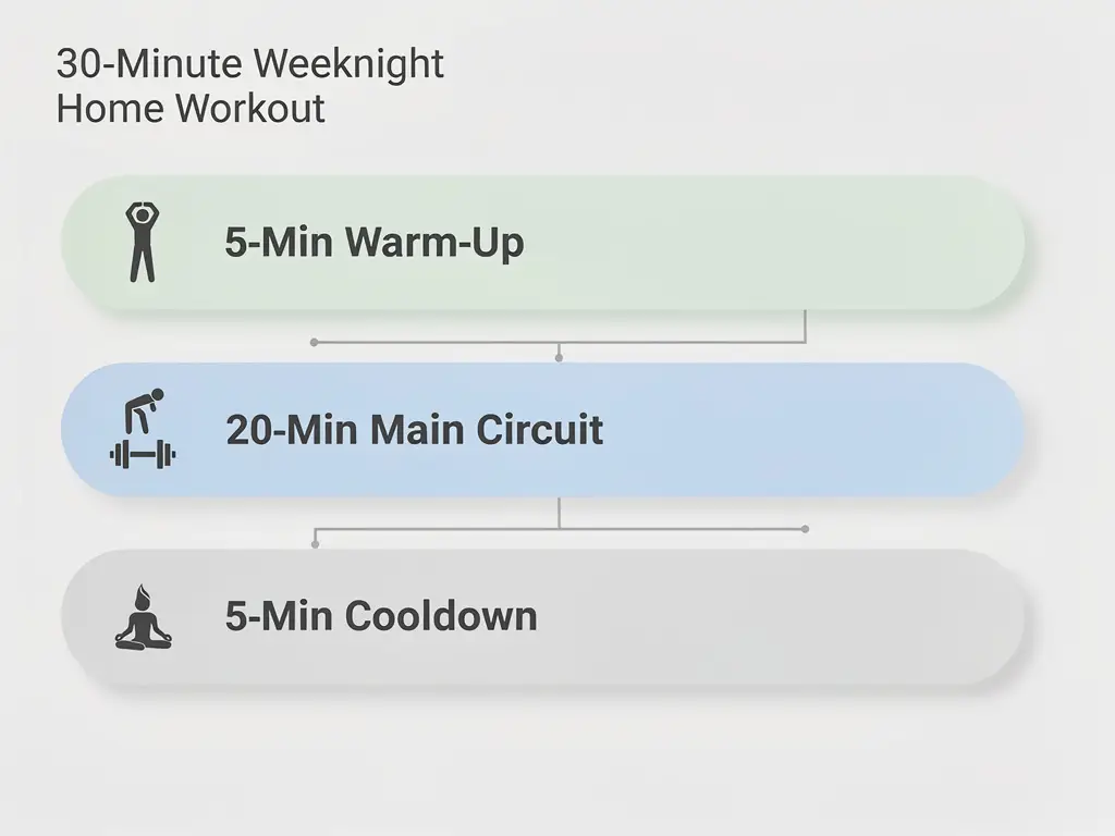 Infographic showing the 3-phase weeknight home workout structure for busy professionals