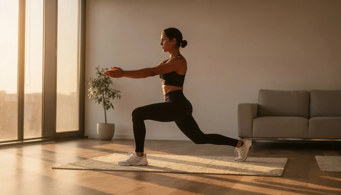Person performing a bodyweight lunge in a clean home workout space with soft evening lighting