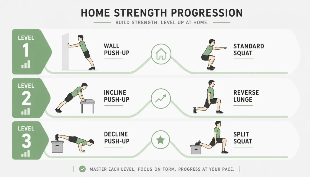 Infographic showing home exercise progressions from basic squats to advanced split squats
