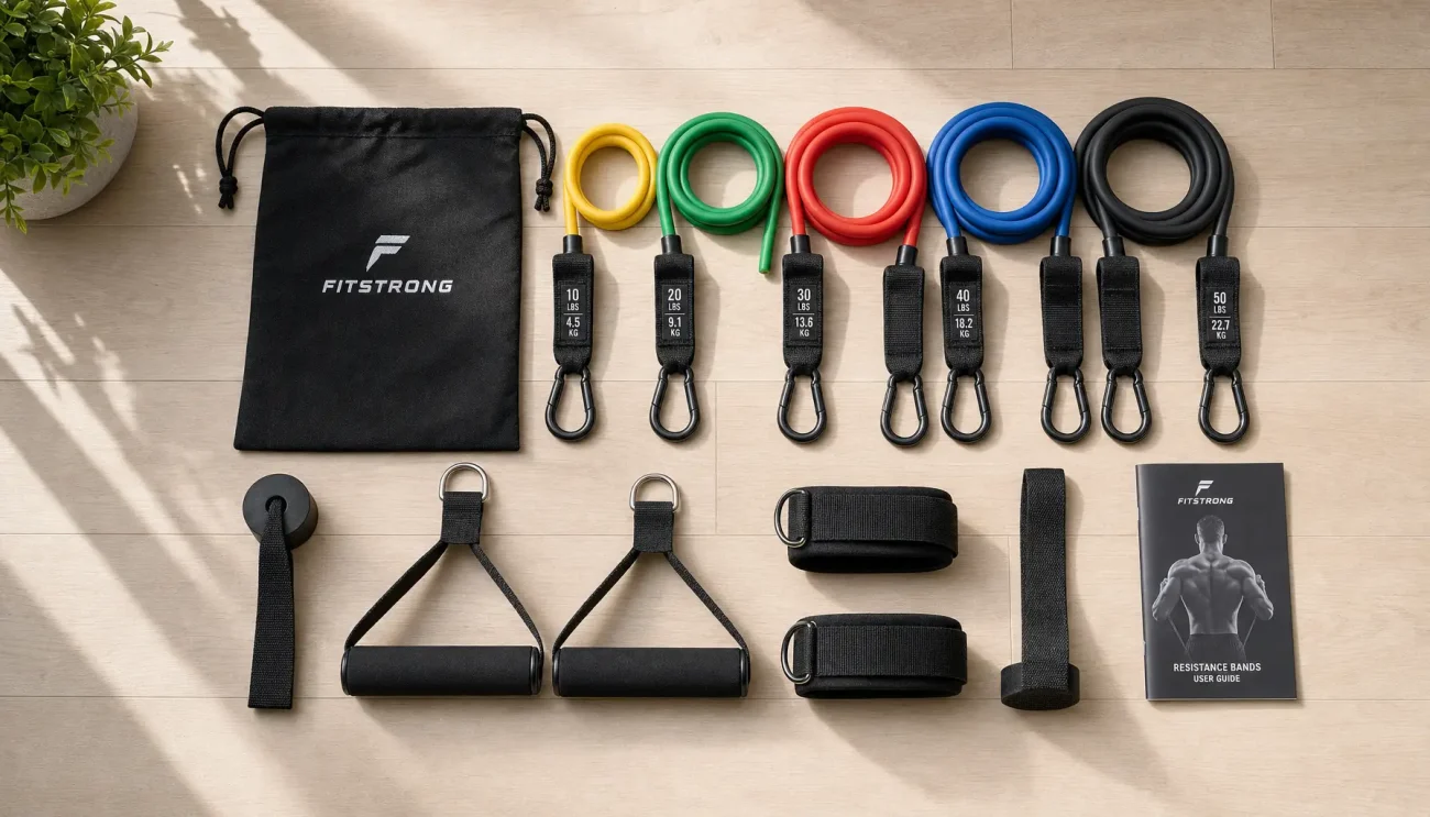 Premium resistance band set laid out on a light wood floor, representing progressive home strength equipment