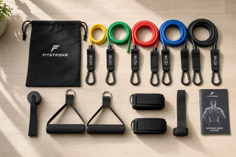 Premium resistance band set laid out on a light wood floor, representing progressive home strength equipment